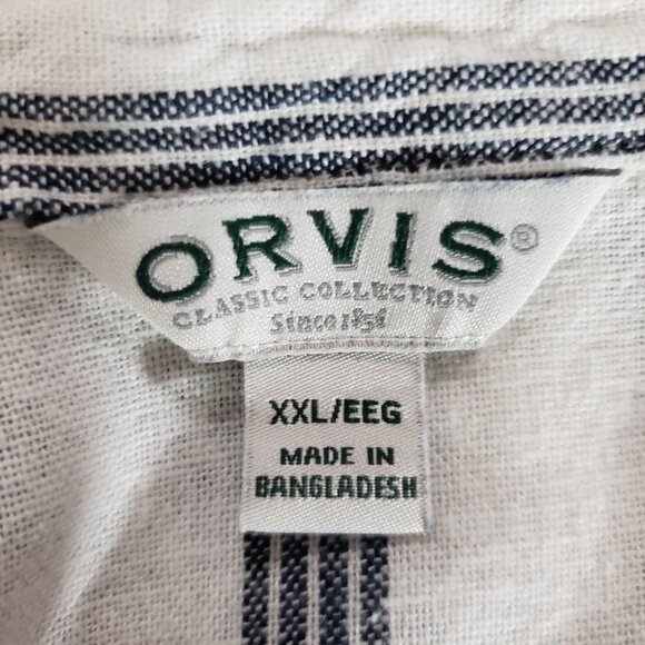 Orvis Linen Blend Button-Down Shirt XXL Stripes Blue White Roll-Tab Sleeve - Picture 7 of 9